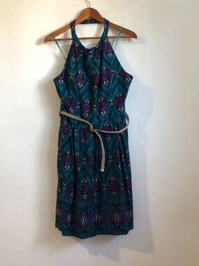 Jessica Howard Teal and Purple Patterned Halter Dress with Pockets